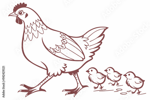 Hen with Chicks, A hen with a few tiny chicks following behind her vector silhouette on a white background