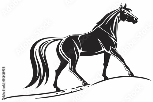 Horse Standing, A proud horse with its tail flowing down vector silhouette on a white background