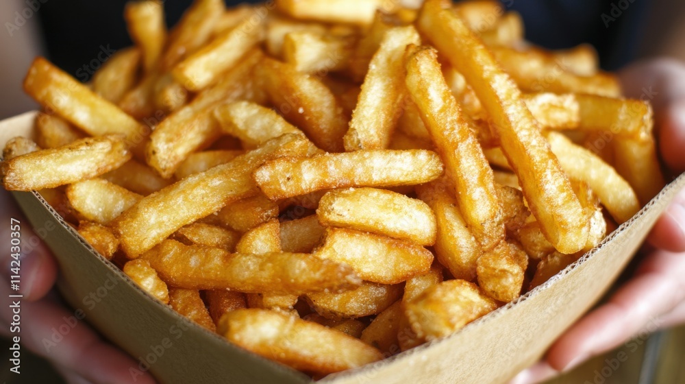 a container of golden french fries being held by two hands a container of golden french fries being held by two hands