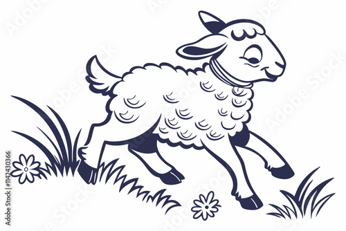 A small playful lamb with a fluffy tail vector silhouette on a white background