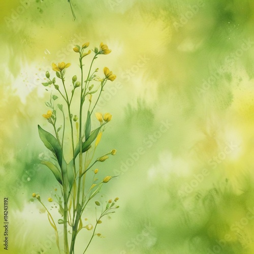 Yellow and green watercolor background with a few sprouting seeds and a subtle texture effect, plant life, natural, outdoors