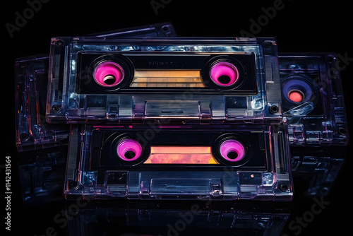 Old audio tape compact cassette on black background. Collection of retro cassette. Vintage pattern. 80s and 90s funky colorful design