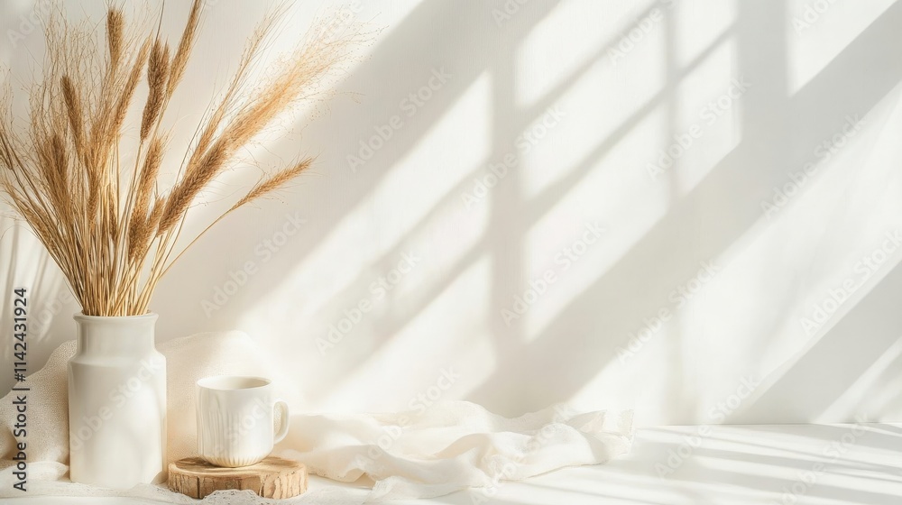 Serene Composition of Dried Grasses in a Vase with Soft Textures and Gentle Light Shining Through Sunshine in Minimalist Interior Setting
