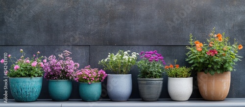 Fototapeta Naklejka Na Ścianę i Meble -  Colorful flower pots lined along a modern fence adding beauty and charm to outdoor home decor and enhancing garden aesthetics