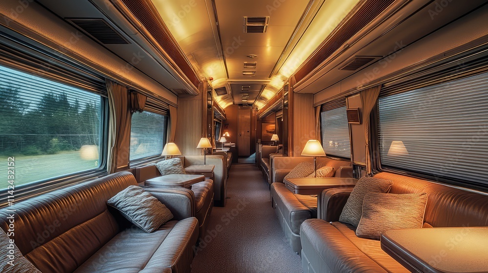 A high-speed train interior with fold-out tables, comfortable reclining seats, and a soft-lit reading lamp on every row A high-speed train interior with fold-out tables, comfortable reclining seats, and a soft-lit reading lamp on every row