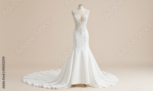 Elegant white wedding dress with beaded bodice and flowing train displayed on mannequin. Studio shot with neutral background. Bridal fashion design for posters, invitations, and greeting cards.