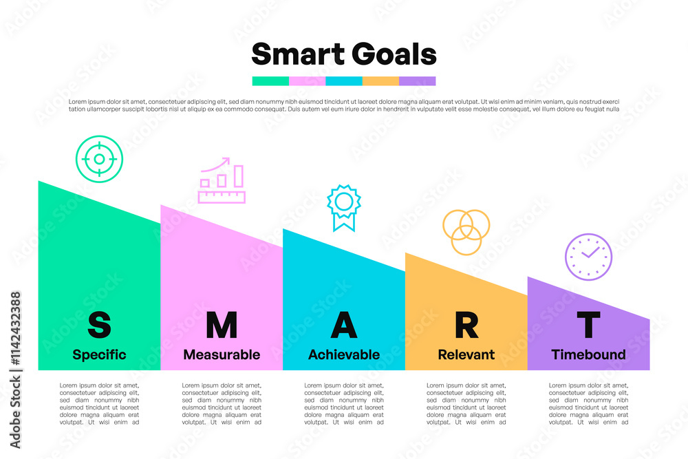 SMART Goals Infographic with Slanted Columns and Modern Colorful Icons SMART Goals Infographic with Slanted Columns and Modern Colorful Icons