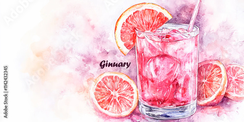 Ginuary celebration watercolor illustration with a glass of gin, ice cubes, and grapefruit slices on a colorful background. photo