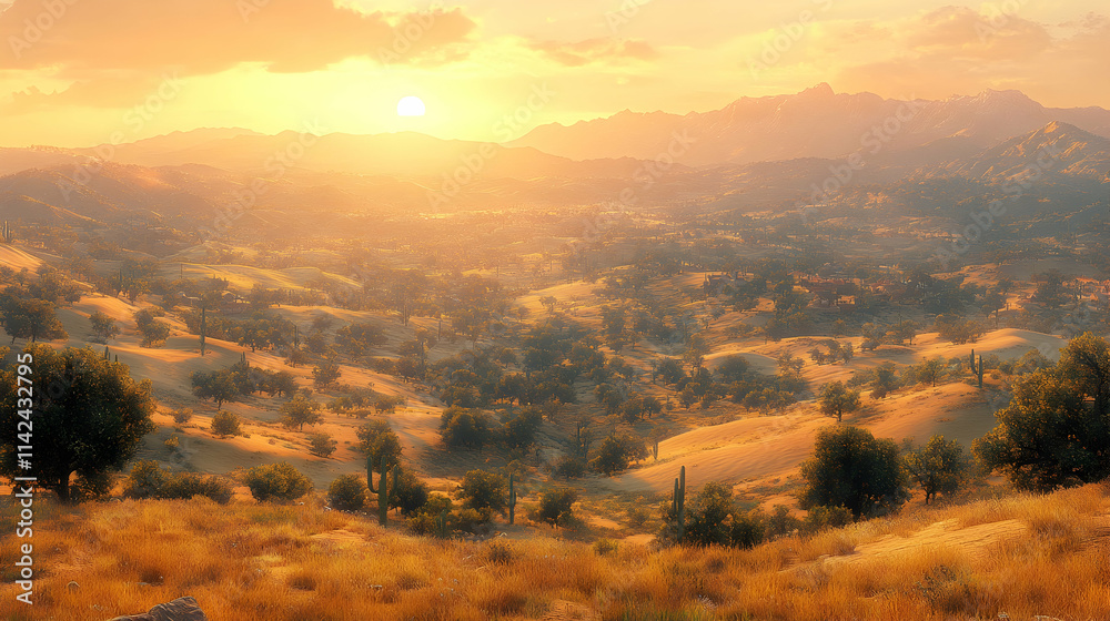 Golden Sunset Over Tuscan Hills, Scenic Landscape, Italy, Travel Poster. Golden Sunset Over Tuscan Hills, Scenic Landscape, Italy, Travel Poster.