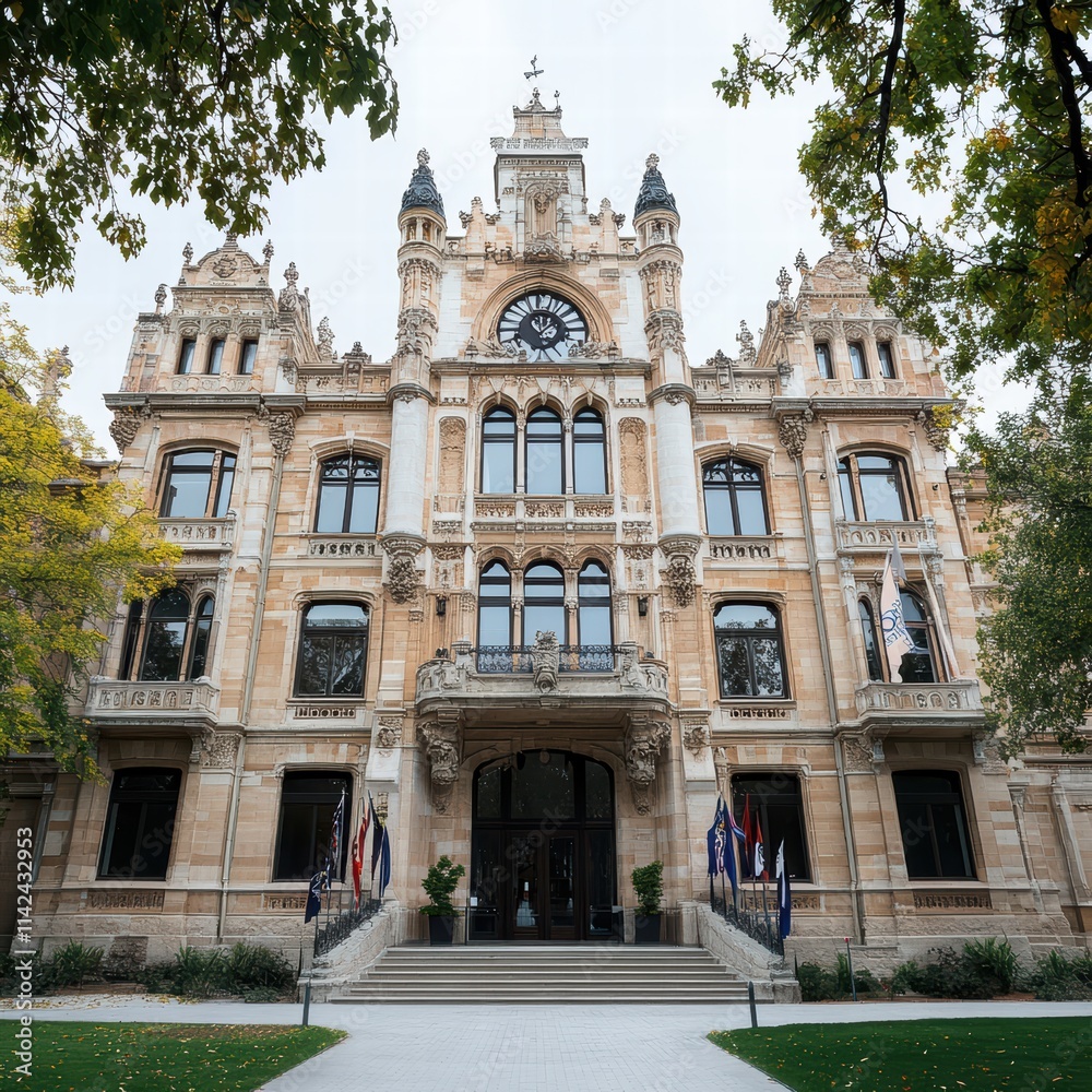 Obraz premium A large building with a clock tower and a balcony
