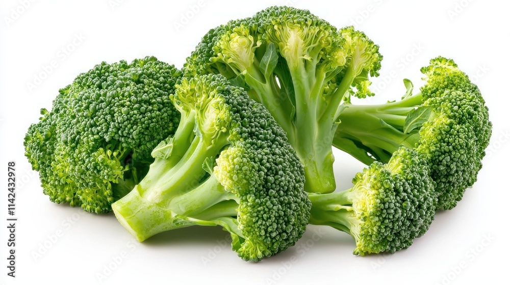 Fresh green broccoli florets arranged attractively, showcasing their vibrant color and healthy appearance. Fresh green broccoli florets arranged attractively, showcasing their vibrant color and healthy appearance.