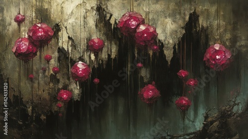 Red crystalline formations hanging from a cracked cave wall. photo