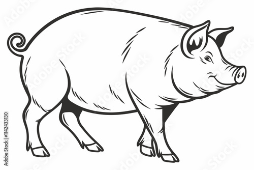 A classic pig silhouette with a rounded body and curly tail vector silhouette on a white background