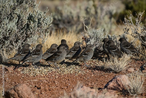 Darwin's Finches Feeding: A group of Darwin's finches pecking at seeds photo