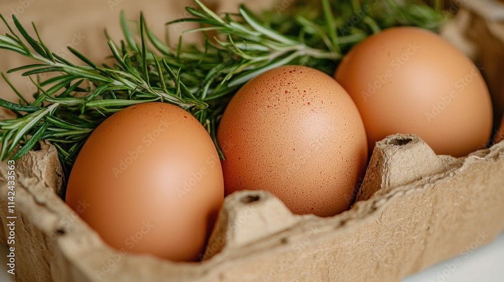 Three brown eggs nestled in a carton with sprigs of fresh rosemary, showcasing a natural and rustic aesthetic. Three brown eggs nestled in a carton with sprigs of fresh rosemary, showcasing a natural and rustic aesthetic.