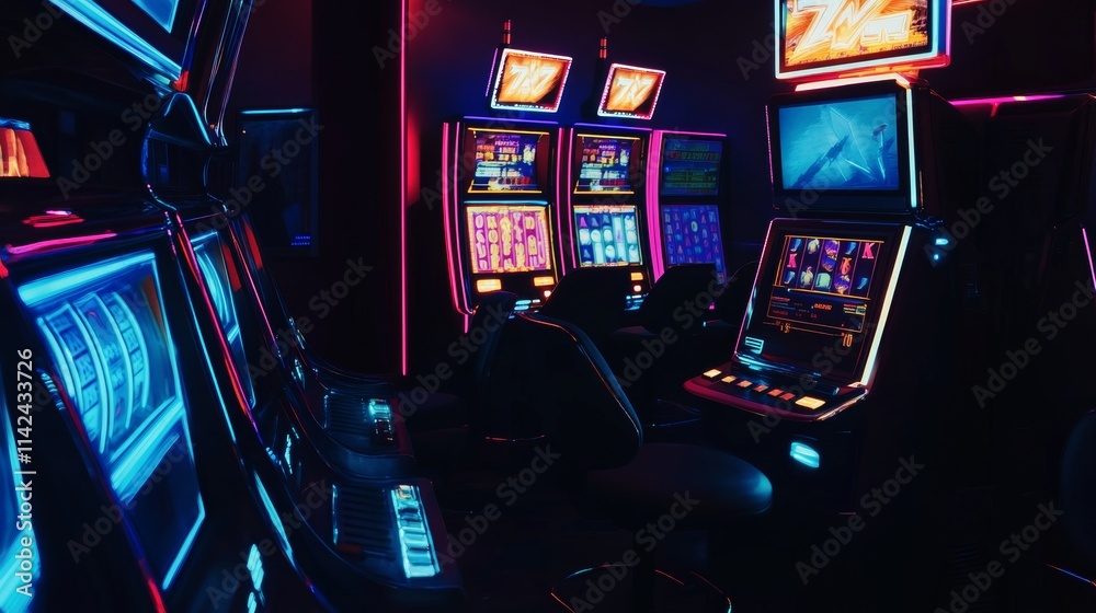Fototapeta premium Neon Arcade Ambiance Captured in Modern Slot Machine Room