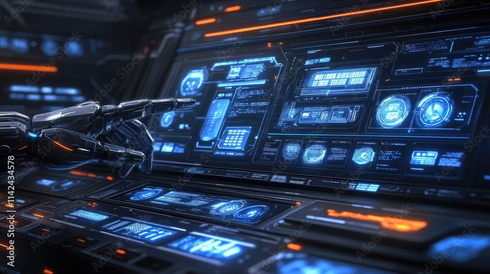 Obraz premium Futuristic Control Panel with Robotic Hands and Interactive Screens