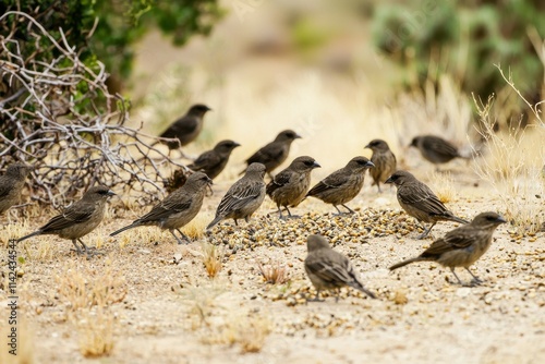 Darwin's Finches Feeding: A group of Darwin's finches pecking at seeds photo