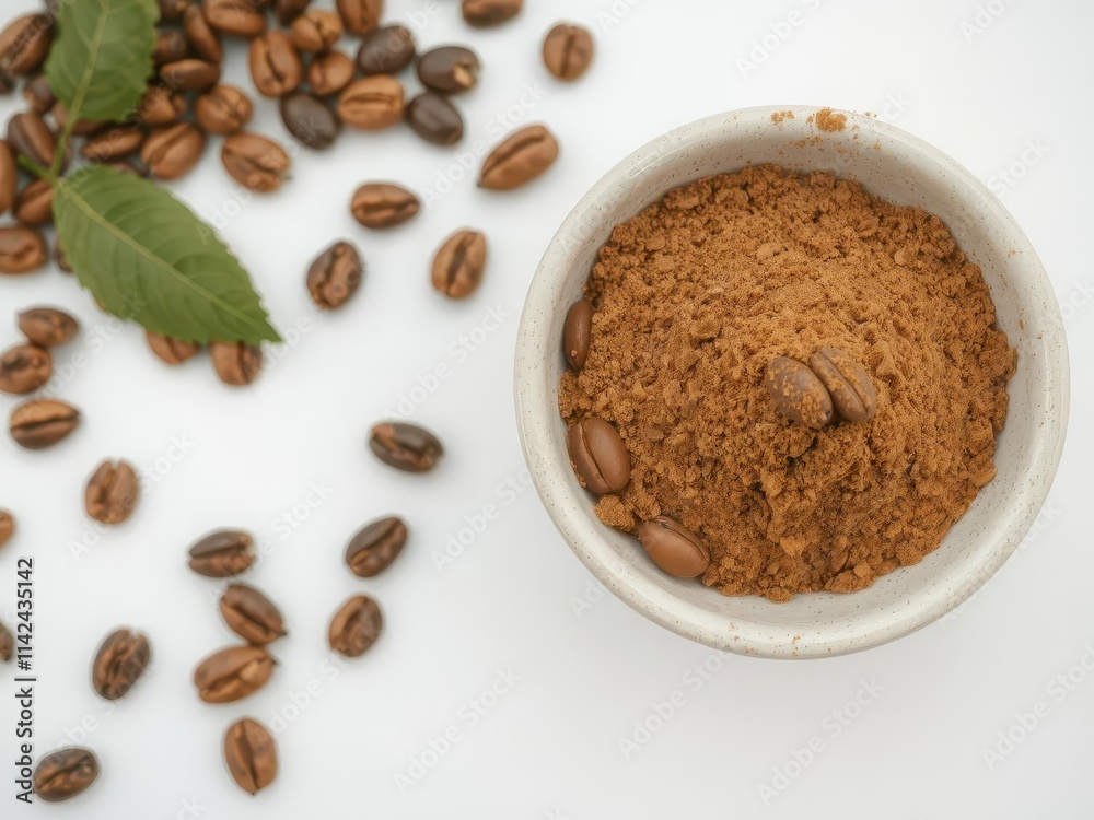 Roasted coffee beans and freshly ground coffee powder in a bowl, rich,gourmet,blend Roasted coffee beans and freshly ground coffee powder in a bowl, rich,gourmet,blend