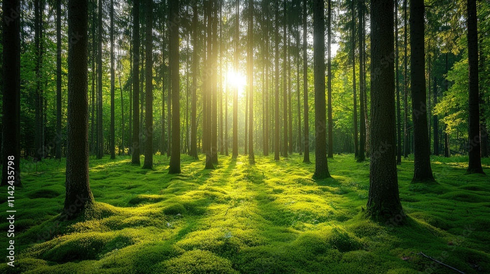 Fototapeta premium Sunlit Forest Path: A Serene Escape into Nature's Embrace