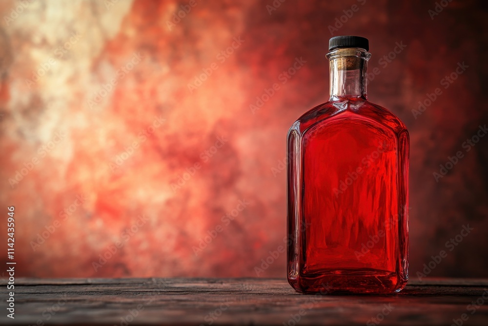 Red Liquid Filled Glass Bottle On Wooden Table Red Liquid Filled Glass Bottle On Wooden Table