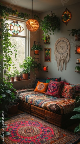 A cozy, plant-filled corner with colorful cushions and decorative elements for relaxation.