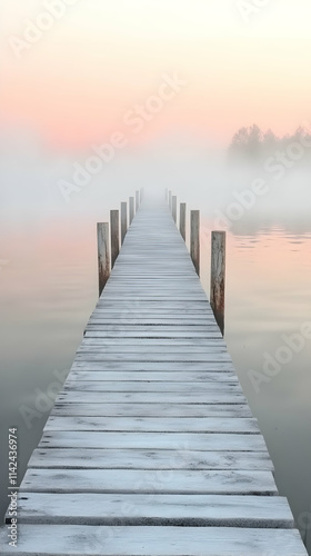 Misty Dawn Pier, Lake, Peaceful Sunrise, Serenity, Travel Poster.