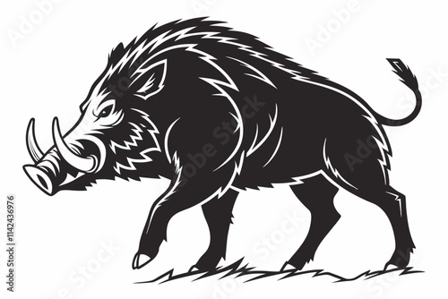 Wild Boar, A muscular pig with tusks and a rugged posture vector silhouette on a white background