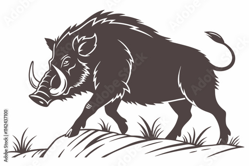 Wild Boar, A muscular pig with tusks and a rugged posture vector silhouette on a white background