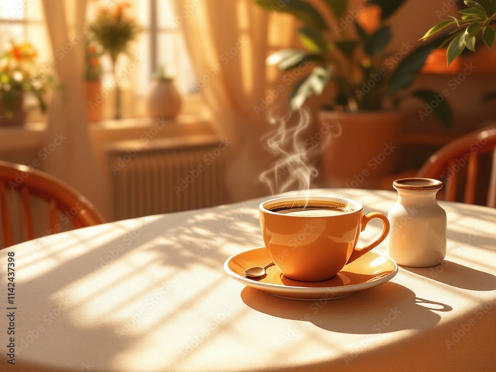 Cozy Morning Coffee in Sunlit Room with Warm Ambiance, Tranquil Vibes Cozy Morning Coffee in Sunlit Room with Warm Ambiance, Tranquil Vibes