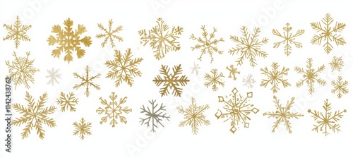 Elegant Gold Snowflakes on White Background in Rows and Columns for Festive Decorative Designs