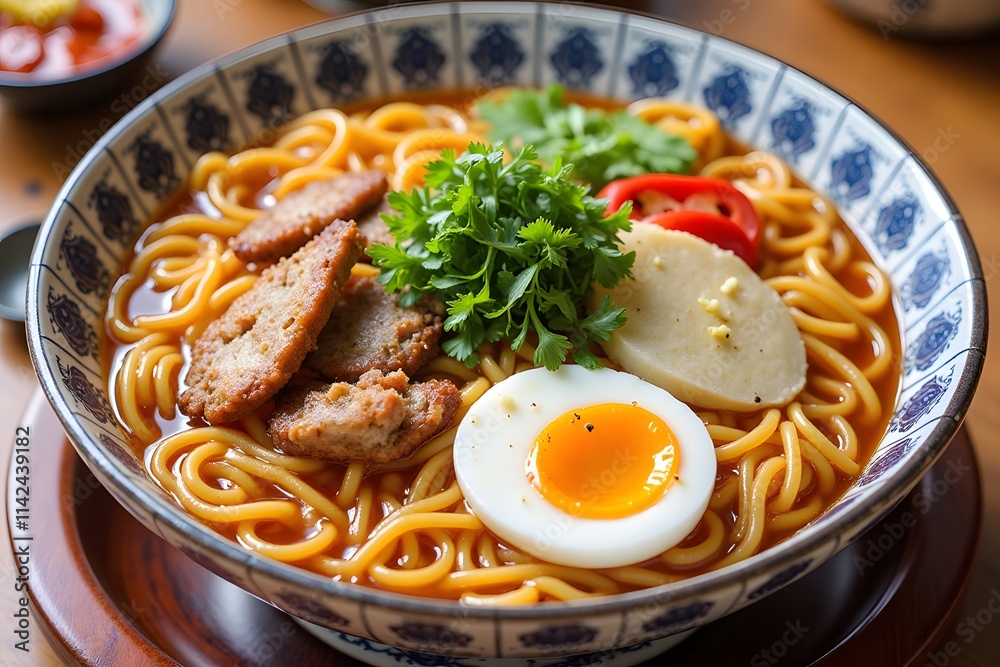 Delicious bowl of asian noodle soup with egg, pork, and vegetables, naengmyeon Delicious bowl of asian noodle soup with egg, pork, and vegetables, naengmyeon