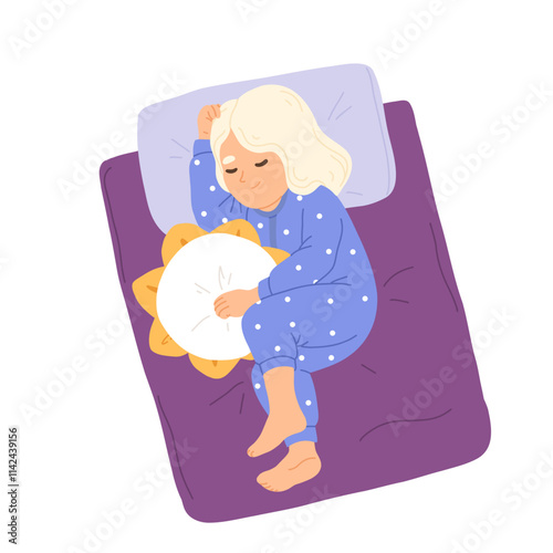 Child sleeping in bed. Calm kid asleep, lying and dreaming at night. Cute little baby girl with dog toy, sweet children relaxing on pillows. Flat cartoon vector illustration of nap time.