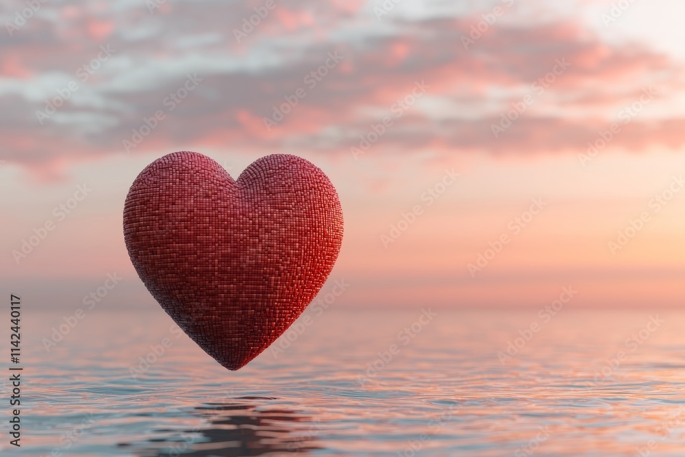 Fototapeta premium A pixelated heart floats serenely above calm sunset waters, a breathtaking, peaceful scene.