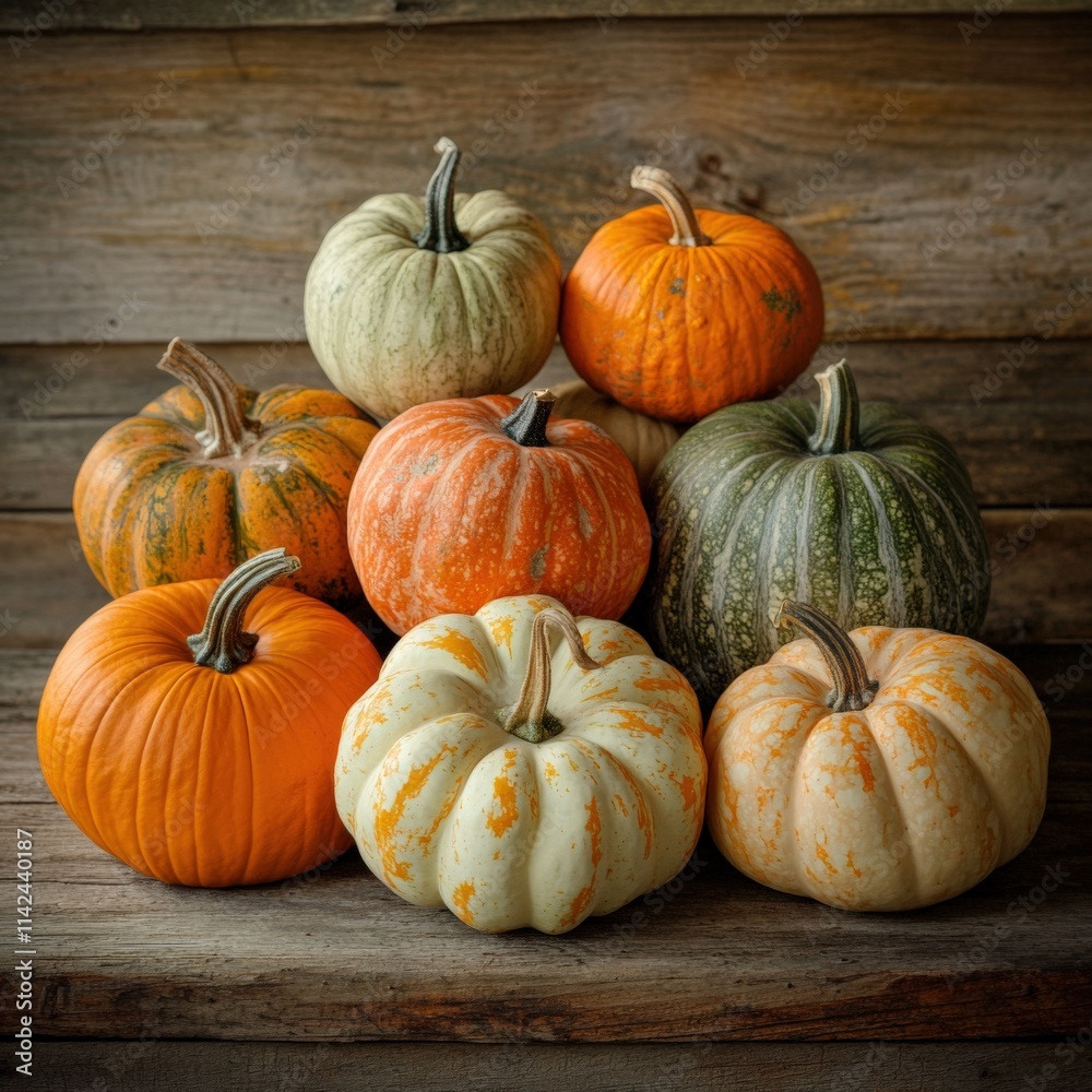 a group of assorted pumpkins sitting on a wooden surface a group of assorted pumpkins sitting on a wooden surface