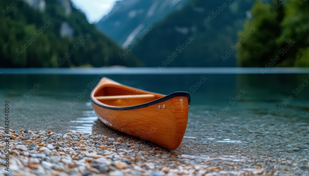 A tranquil scene of a wooden canoe resting on pebbles by a serene mountain lake. A tranquil scene of a wooden canoe resting on pebbles by a serene mountain lake.