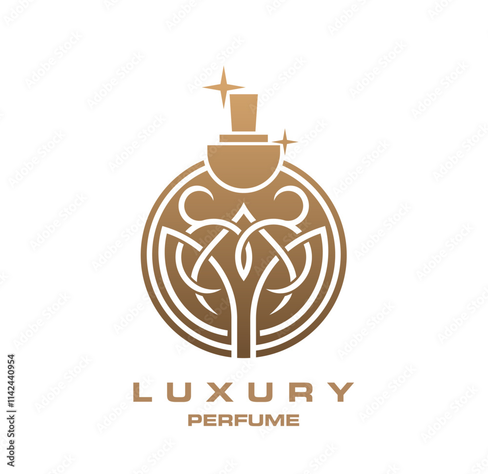 Luxury perfume icon of golden bottle for premium fragrance brand, vector emblem. Perfume bottle of golden line ornament with gold stars for luxury perfume brand sign or perfumery boutique store symbol