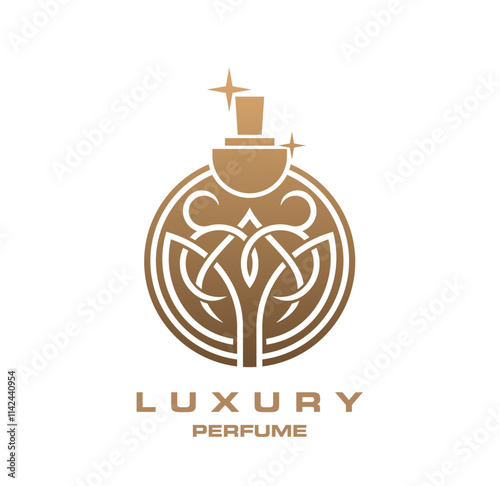 Luxury perfume icon of golden bottle for premium fragrance brand, vector emblem. Perfume bottle of golden line ornament with gold stars for luxury perfume brand sign or perfumery boutique store symbol