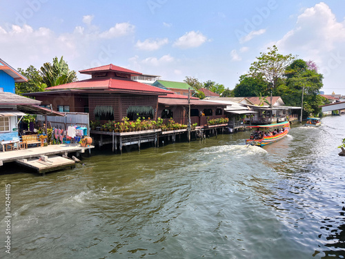 Photography The beautiful view of long tail boat at Khlong bang luang river, bangkok