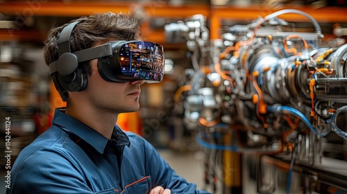 A technician in a contemporary manufacturing facility wearing augmented reality glasses 