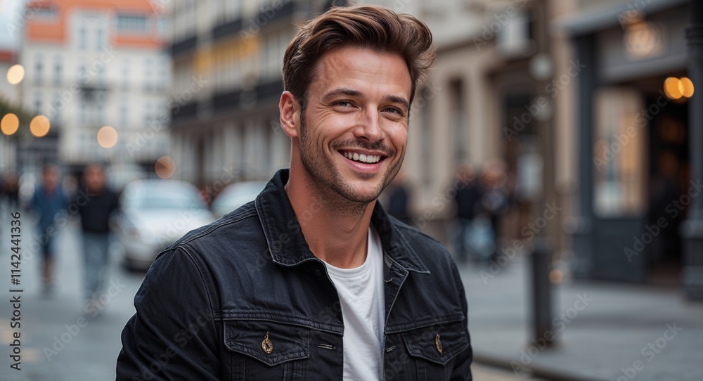 Obraz premium Caucasian man happy wearing black denim jacket looking on camera