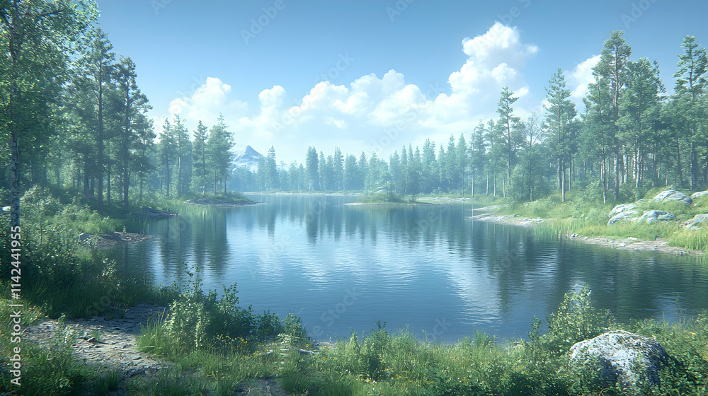 Fototapeta premium Serene mountain lake reflecting tranquil forest, idyllic summer landscape, nature background, ideal for travel brochures.