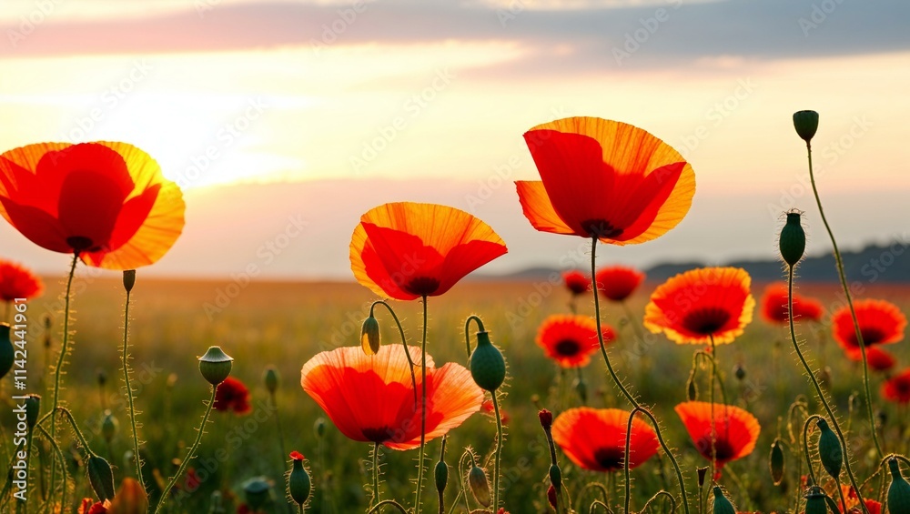 Fototapeta premium Poppies In Field At Sunset 