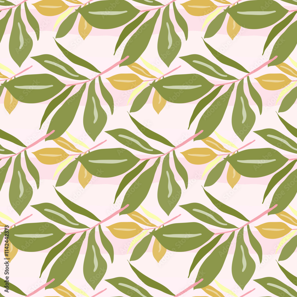 Tropical leaf pattern with green and yellow foliage on a pink background Tropical leaf pattern with green and yellow foliage on a pink background