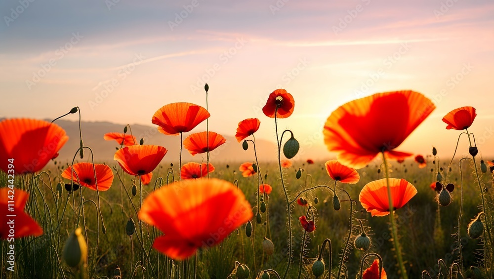 Fototapeta premium Poppies In Field At Sunset 