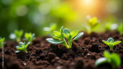 Tender green seedlings emerge, bathed in the warm glow of sunrise. New life bursts forth, promising growth and abundance.