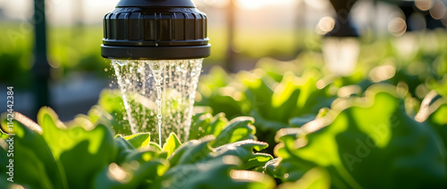 Sunlight kisses vibrant lettuce leaves as a gentle water stream nourishes them, a picturesque scene of agricultural growth. photo