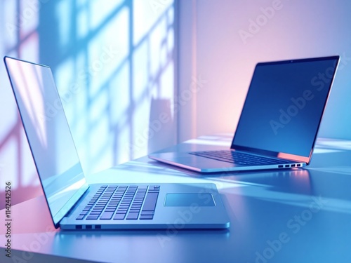 Modern Office Workspace with Laptop, Blue Tones and Natural Light