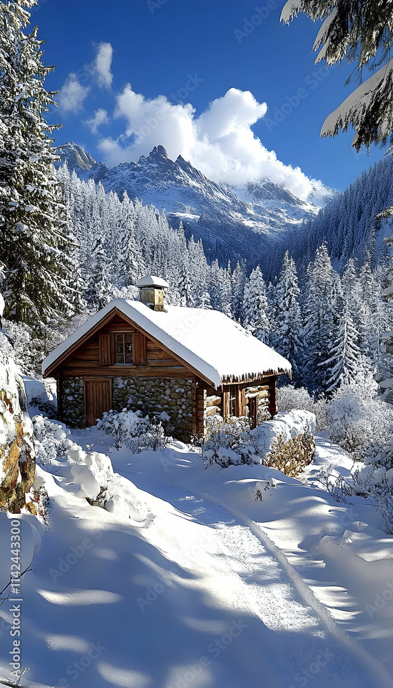 Fototapeta premium Snowy Alpine Cabin Winter Wonderland Mountain Vacation.