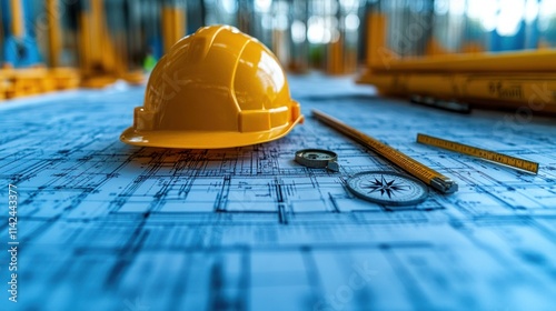 A construction site with a yellow hard hat, blueprints, and drafting tools for planning. photo